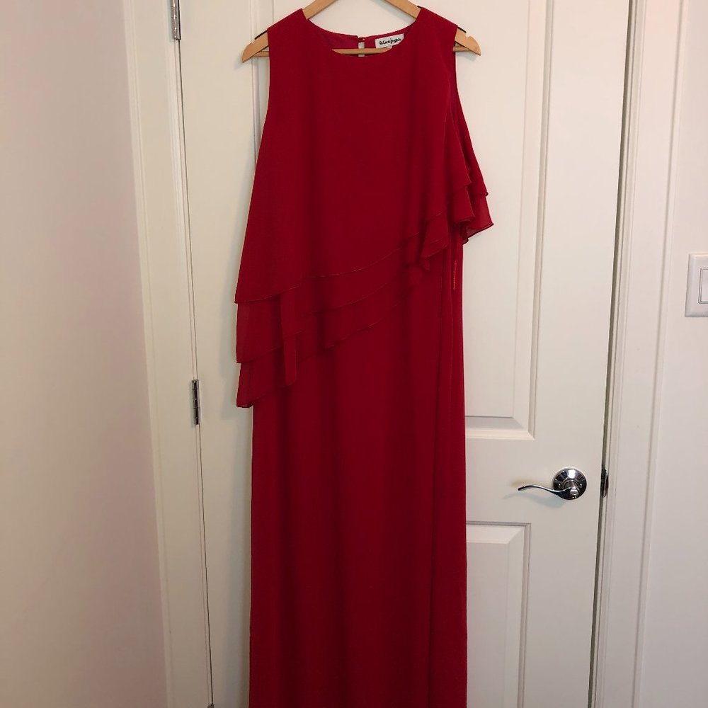 Formal Red Gown w/ a flouncy layered overlay.